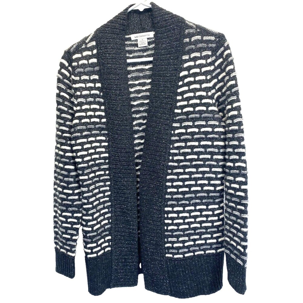 Liz Claiborne Womens Cardigan Sweater Open Front Size S Gray/White Long Sleeve
